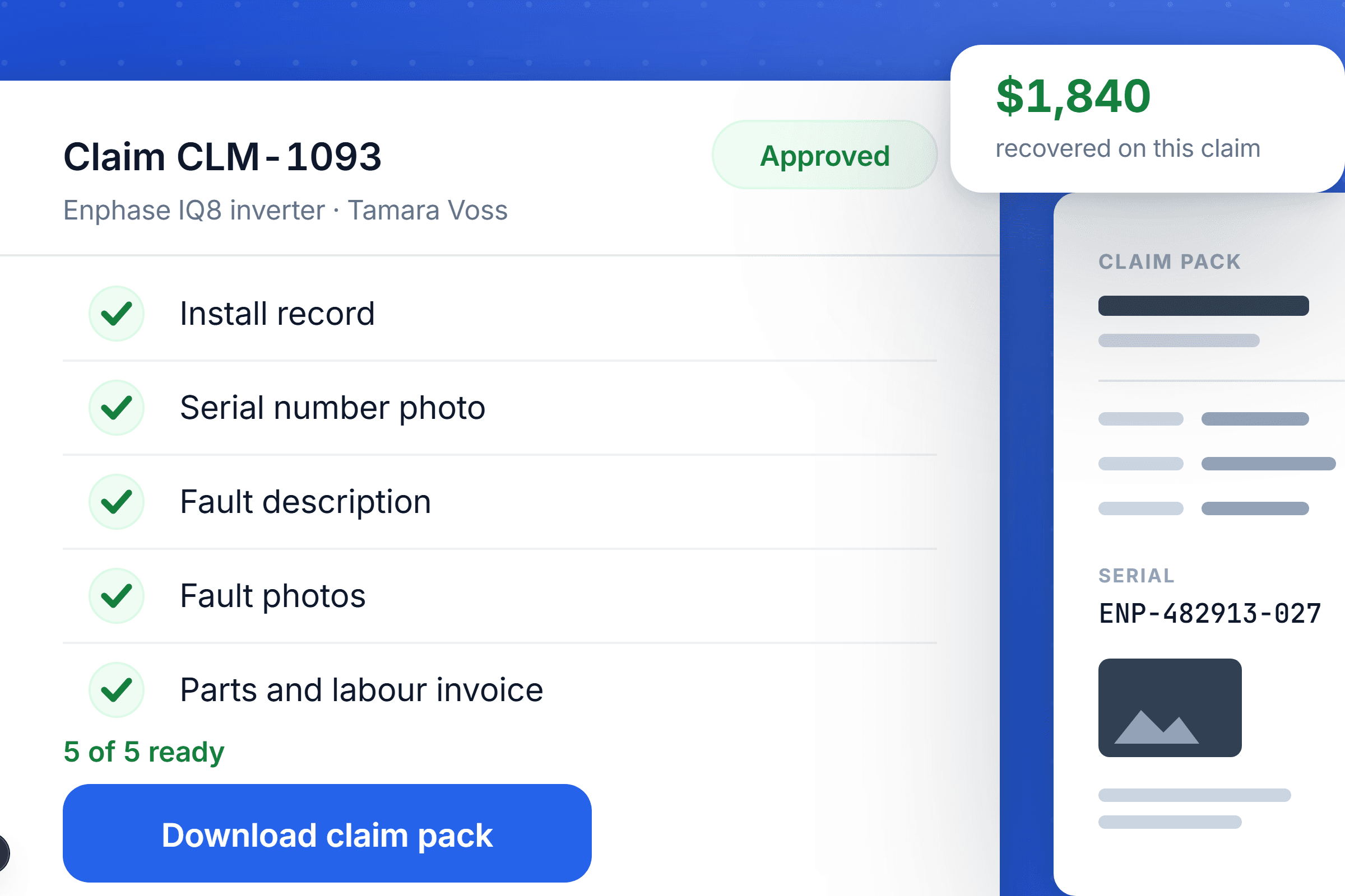 A claim with five of five evidence items ready, the download button, the exported claim pack PDF, and 1,840 dollars recovered.