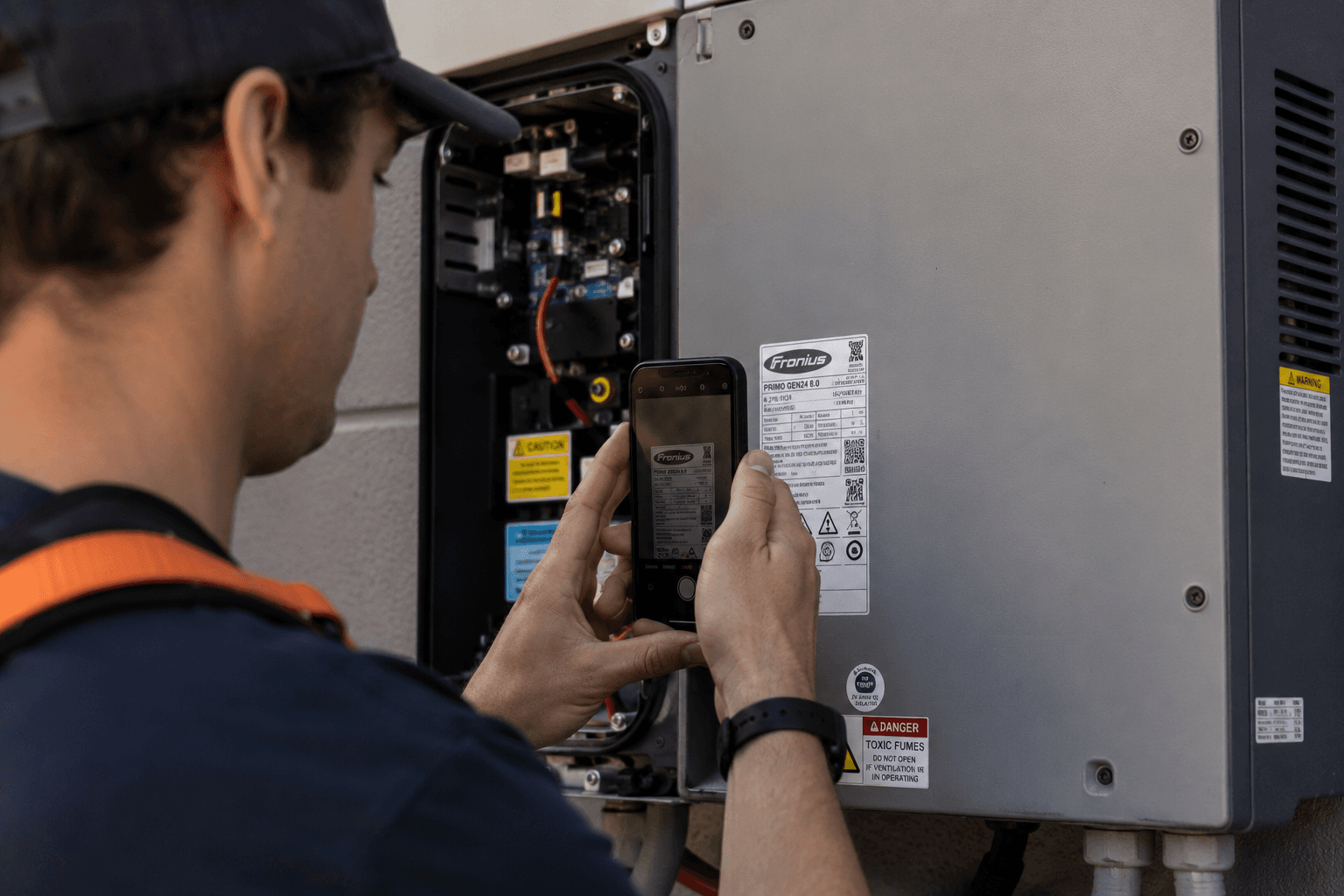 A tech photographing an inverter nameplate on site.
