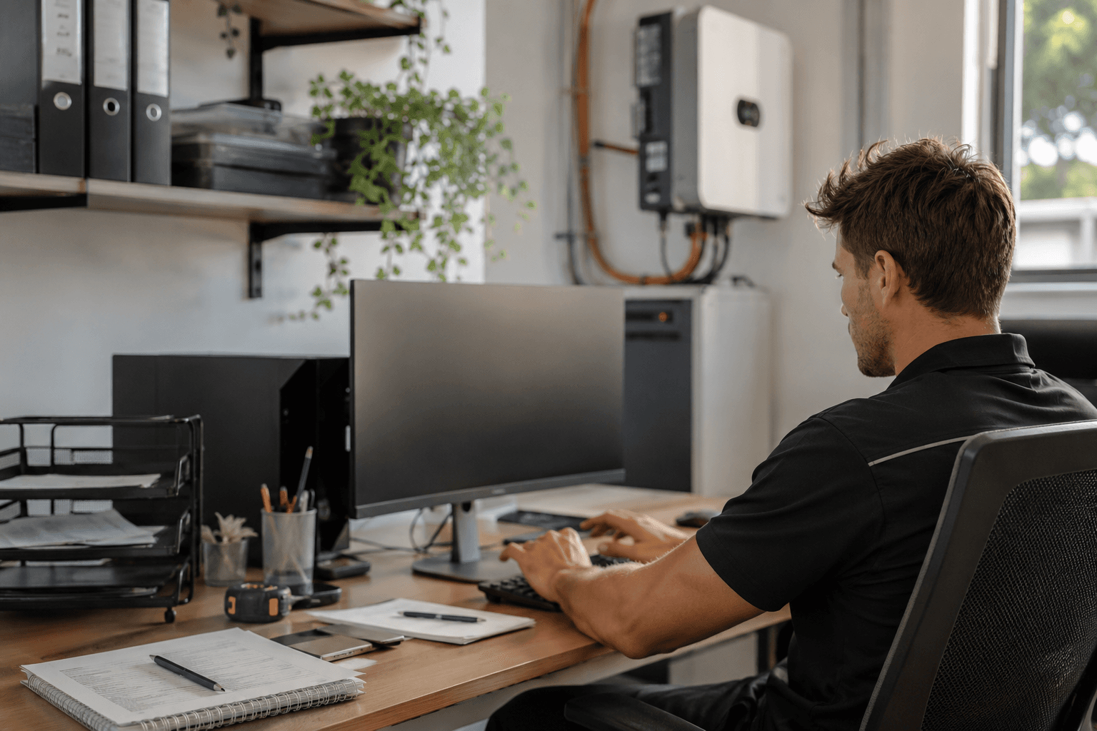An installer at a desk working through the registrations that are due.