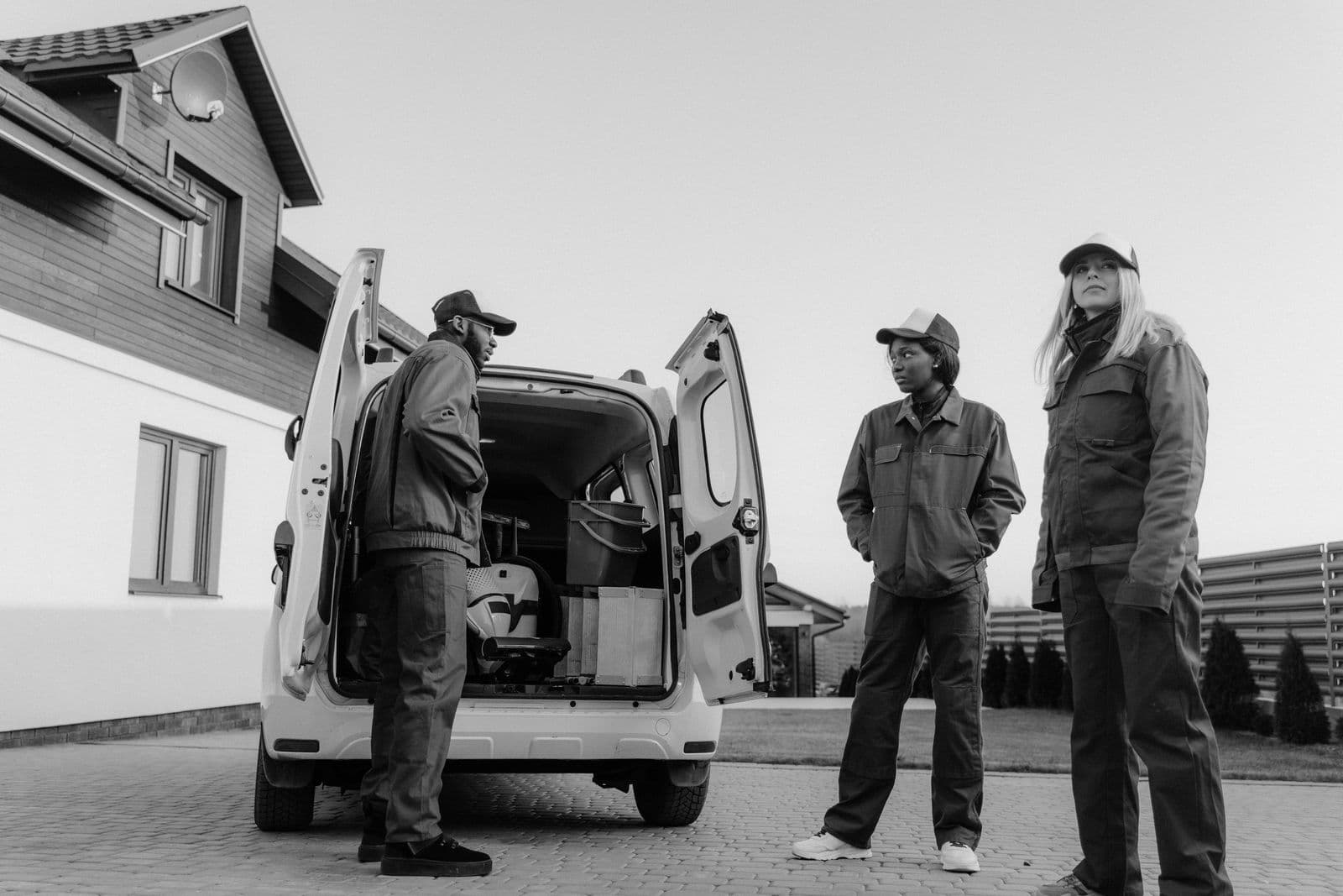 A crew in coveralls unloading equipment from the back of a service van.